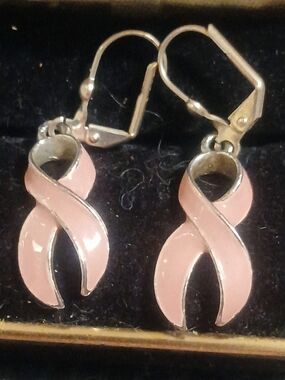 Pink Ribbon Drop Earrings with Leverback Closures